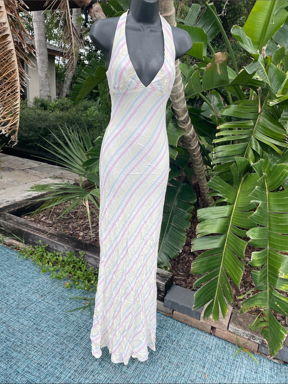 bias, cut, pink, yellow, and blue and white striped maxi dress